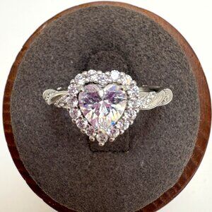 VTG Sterling Silver 925 Heart CZ Halo Ring Twist Band Engagement Promise Sz 7